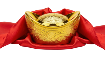 Golden chinese ingot with red silk symbolizing wealth and prosperity