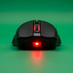 A modern black computer mouse with illuminated scroll wheel and LED indicator on a green background, showcasing technology and electronic accessories