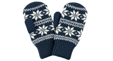 Pair of blue knitted mittens with snowflake design on white background