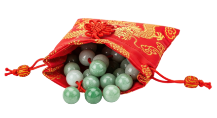 Traditional red silk bag with green jade spheres and intricate gold dragon design
