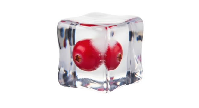 Floating red berries encased in a clear ice cube