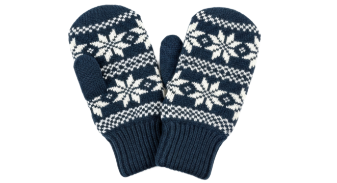 Pair of blue knitted mittens with snowflake design on white background