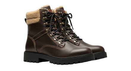 Dark brown leather hiking boots with shearling lining and black laces