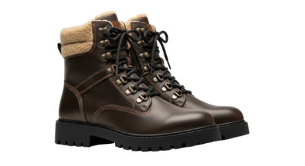 Dark brown leather hiking boots with shearling lining and black laces