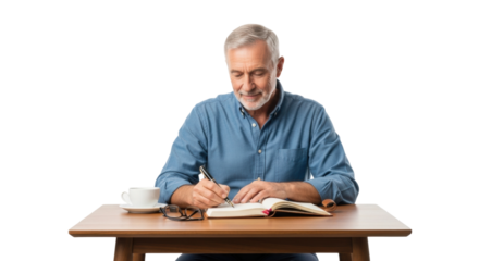 Mature caucasian male writing at desk with coffee and glasses