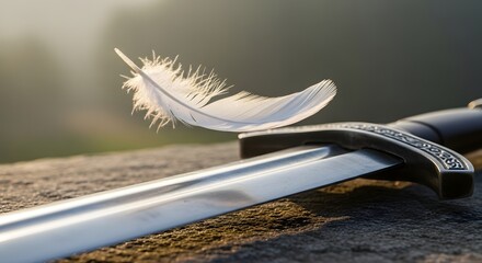 A delicate white feather resting on the blade of a sword placed on a wooden surface with soft natural lighting in the background