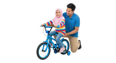 Asian father teaching daughter to ride bicycle with training wheels