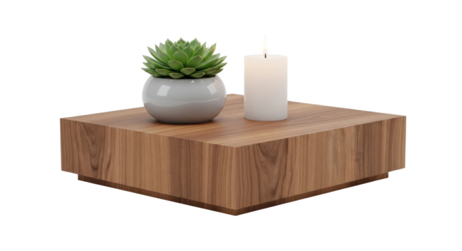 Wooden platform with succulent and candle for modern home decor