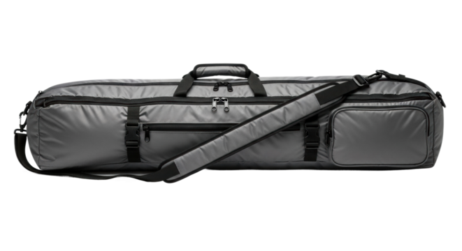 Sleek silver duffel bag with adjustable strap and multiple pockets