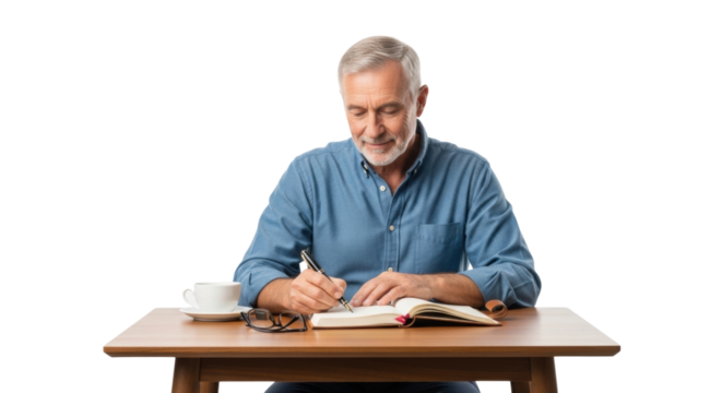 Mature caucasian male writing at desk with coffee and glasses