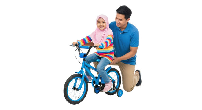 Asian father teaching daughter to ride bicycle with training wheels - Powered by Adobe