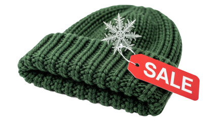 Fototapeta premium Green knit winter hat with sale tag and snowflake decoration
