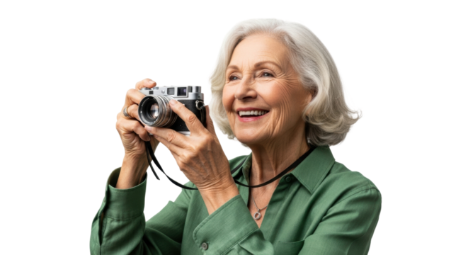 Smiling elderly caucasian woman with camera in green shirt capturing memories
