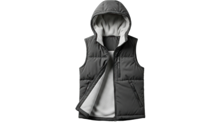 Black puffer vest with hood in isolated fashion apparel display