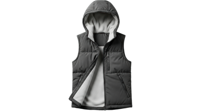 Black puffer vest with hood in isolated fashion apparel display