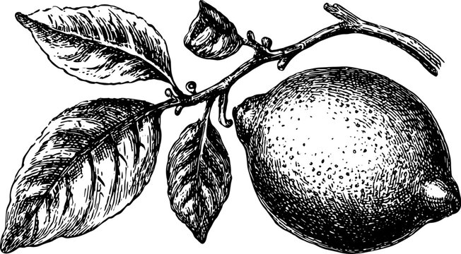 Lemon fruit engraving featuring detailed line drawing. Vintage botanical illustration with a branch and leaves in a black and white vector set.