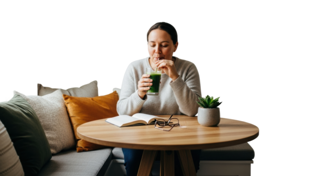 Young caucasian female enjoying green smoothie in cozy seating area
