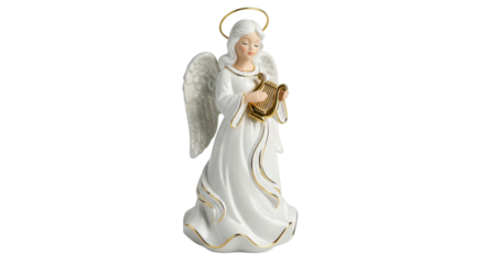 White ceramic angel figurine with harp and golden details