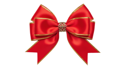 Ornate red gift bow with gold trim on black background