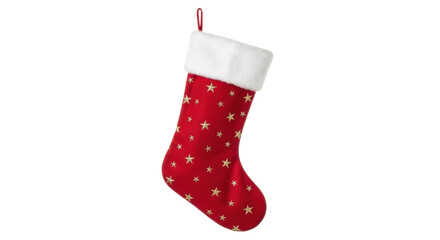 Red christmas stocking with gold stars and white cuff hanging on black background