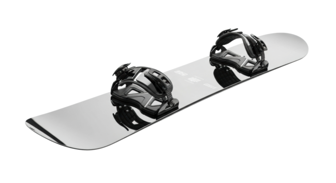 Sleek silver snowboard with black bindings on white background