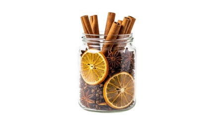 Glass jar with oranges, cinnamon sticks, and star anise for aromatic decor