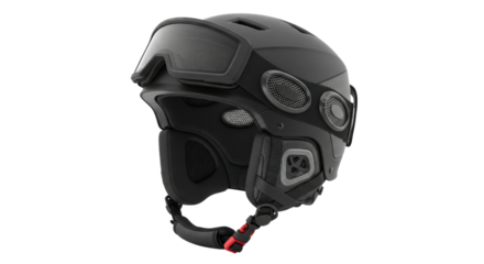 Futuristic black ski helmet with built-in goggles and breathable design