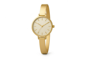 Elegant gold women's wrist watch with light face, isolated on transparent background