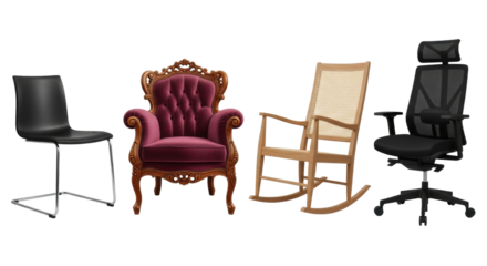 Variety of chairs: modern, vintage, rocking, and office designs