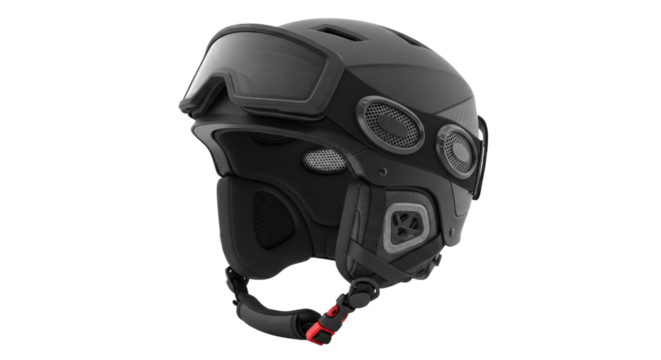 Futuristic black ski helmet with built-in goggles and breathable design