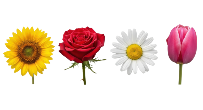 Vibrant floral variety: sunflower, rose, daisy, and tulip display