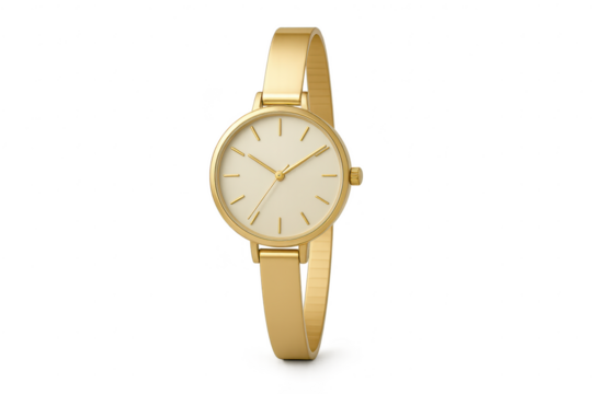 Elegant gold women's wrist watch with light face, isolated on transparent background - Powered by Adobe