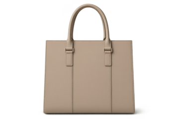 Stylish beige leather tote bag for women, isolated on transparent background.