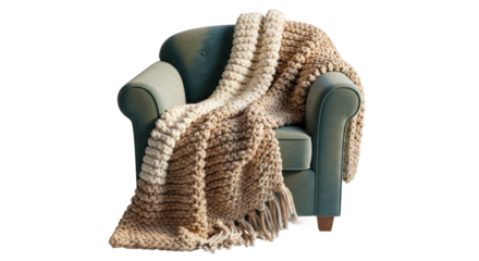 Cozy knitted blanket on plush armchair for warm home decor