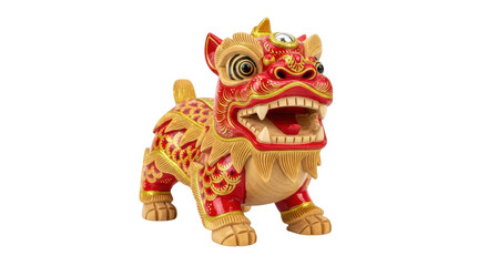 Fototapeta premium Intricate red and gold chinese lion dog sculpture with open mouth
