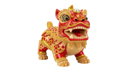 Intricate red and gold chinese lion dog sculpture with open mouth