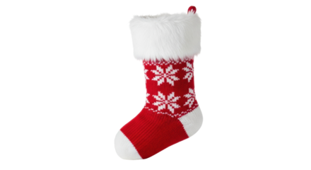 Red christmas stocking with white snowflake pattern and fur trim