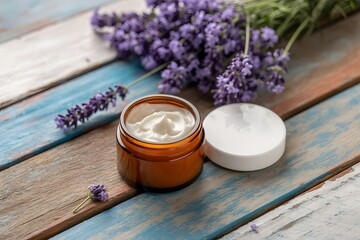 Lavender natural skincare cream in amber jar with fresh purple flowers on rustic wooden background for organic beauty and wellness products