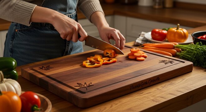 Woman chopping fresh bell peppers on a wooden cutting board in a cozy kitchen.