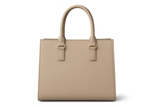 Sophisticated beige women's handbag with top handles, isolated on transparent.