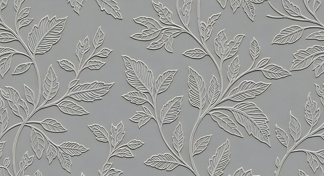 Intricate embossed floral pattern with delicate leaves and stems on a textured gray background