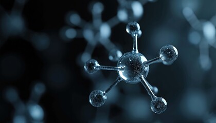 Molecular model close up against dark background. Clear glass spheres connect via rods forming intricate structure. Represents chemical atom, bio molecule, tech data. Scientific innovation concept.