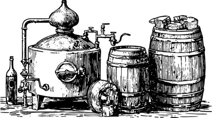 Vintage drawing of distillation equipment, including a still and barrels, showcasing classic craftsmanship. The detailed black and white vector illustration highlights historical techniques.