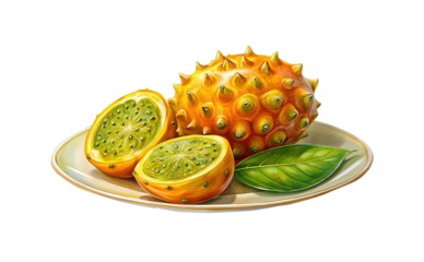 Illustration of a Horned Melon or Kiwano fruit on a plate