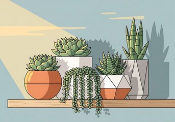 Indoor botanical illustration of succulents and trailing plants on a shelf