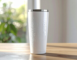 White Insulated Tumbler with Water Droplets on Wooden Table in Natural Sunlight &ndash; Modern Reusable Drinkware Mockup