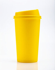 Bright Yellow Reusable Coffee Cup with Lid on Clean White Background &ndash; Minimalist Eco-Friendly Drinkware Concept