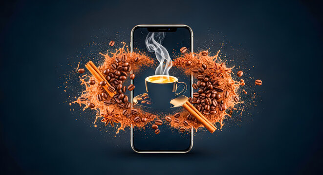 Smartphone mock up displaying a steaming cup of coffee surrounded by coffee beans and spices, creating an inviting atmosphere for online shopping and beverage promotion