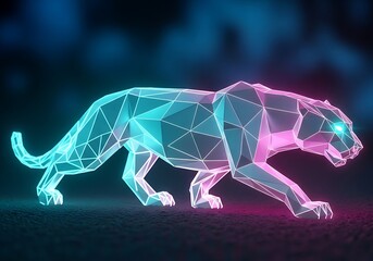 Luminescent panther in polygon shape with a vibrant glow neon light