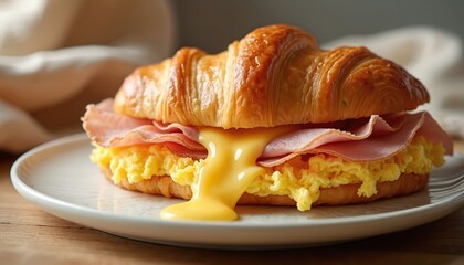 Golden croissant sandwich with scrambled eggs, ham, and melted cheese on white plate. Savory breakfast food, delicious meal, appetizing gourmet snack served hot and fresh.
